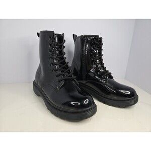 Mudd Faux Black Patent Leather Combat Moto Boots Sz 7 'FERN' Y2K minimalist Goth